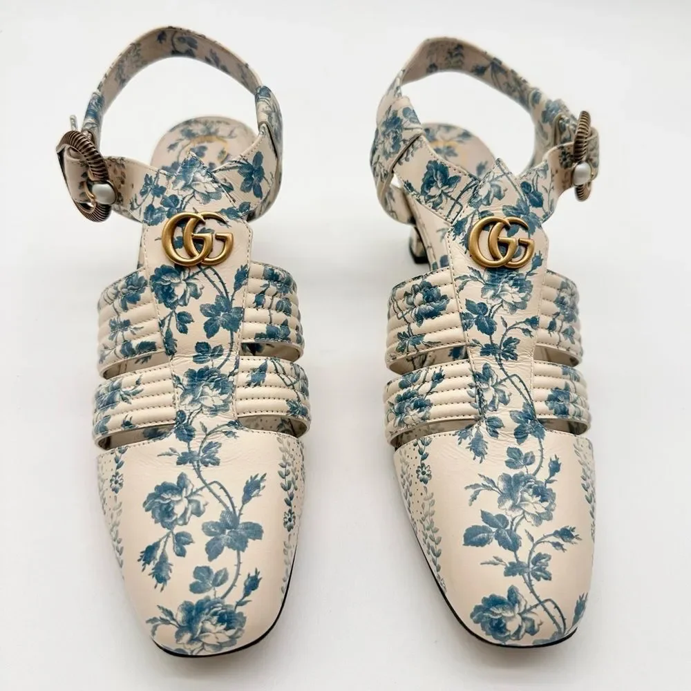 Gucci Gea GG Mid Heel Buds/Floral Blue Leather T-Strap  Sandal Pump EU37.5 US7.5 - Picture 11 of 13